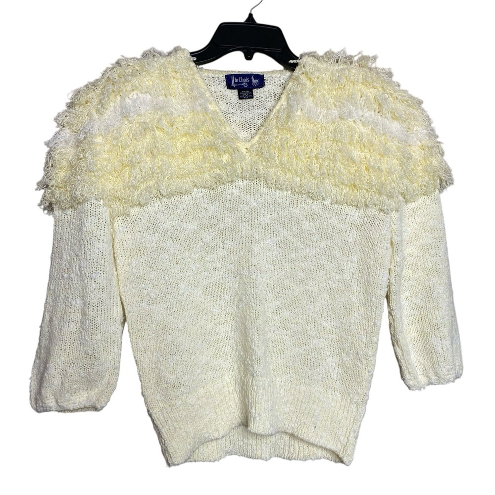Vintage Le Chois fringe top Pale yellow Ivory Womens Sz M Padded Shoulder V Neck
